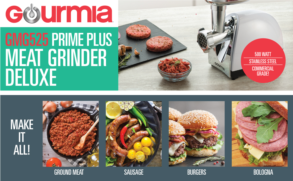 Gourmia GMG525 Meat Grinder with 3 Stainless Steel Grinding