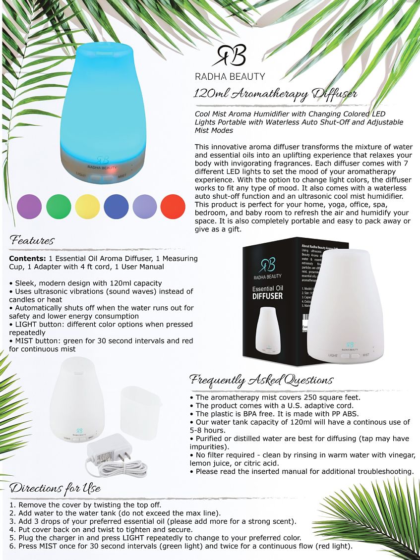 Radha Beauty Essential Oil Diffuser 7 colors 120 ml Cool Mist Aroma