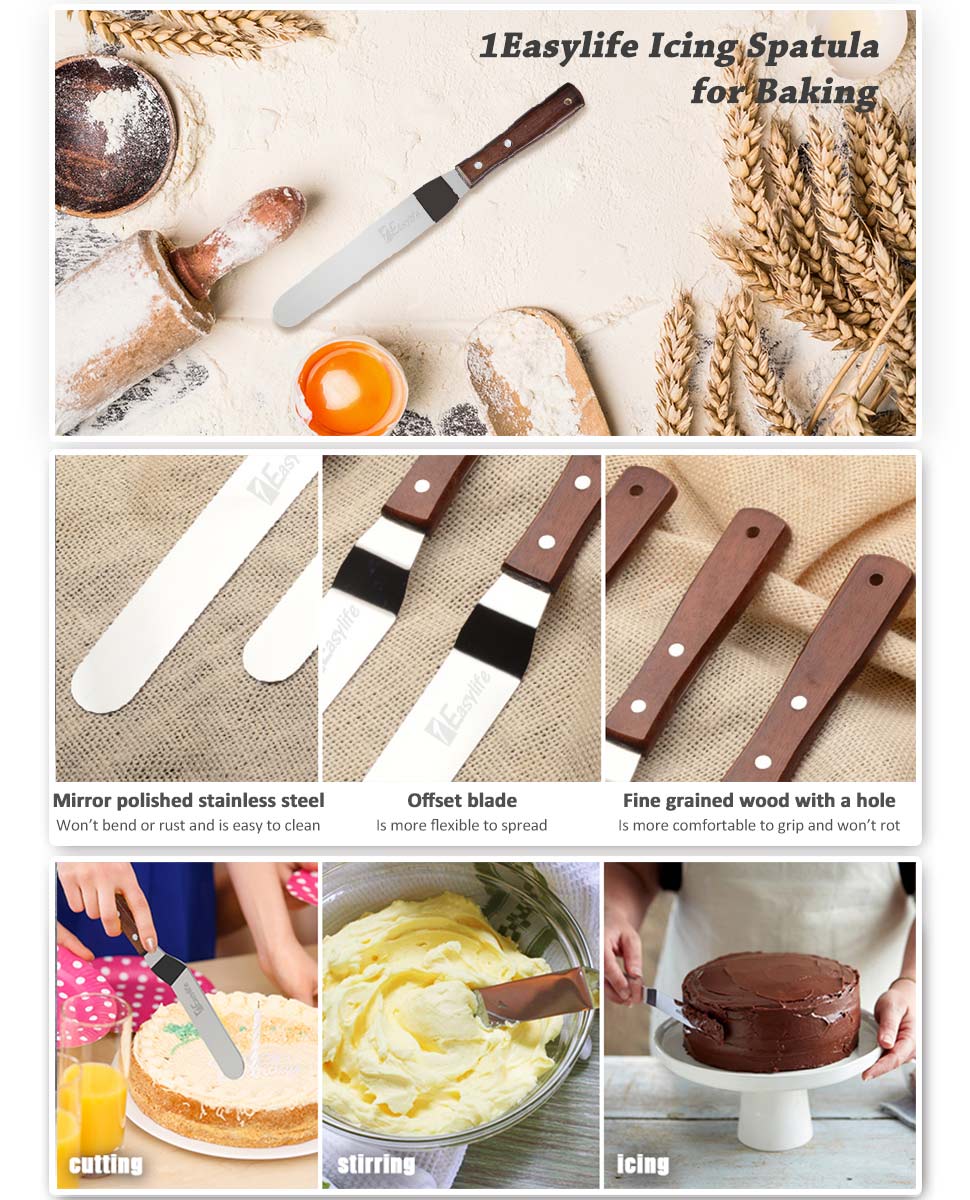 1Easylife Offset Cake Icing Spatula, 12.8" Angled Frosting Spatula with Wooden