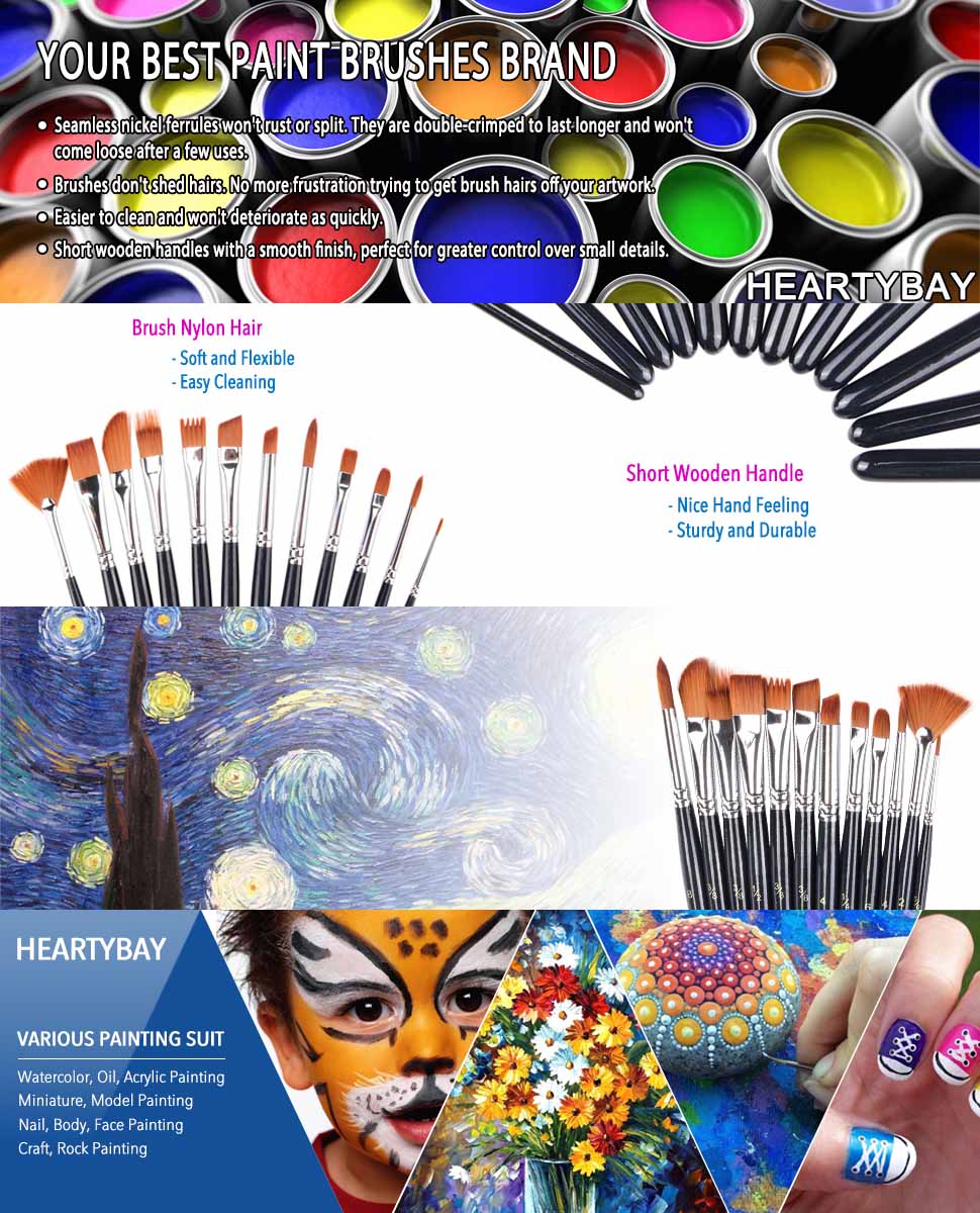 heartybay Paint Brush Set Round Pointed Tip Nylon Hair