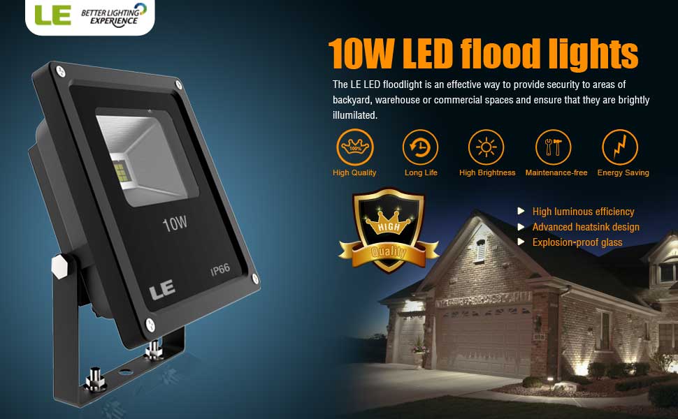 LE 10W Super Bright Outdoor LED Flood Lights, 100W Halogen Bulb