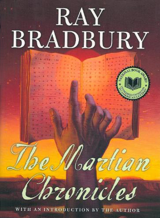 the book cover for The Martian Chronicles by Ray Bradbury. A hand hovers over an open book with a code on the pages.