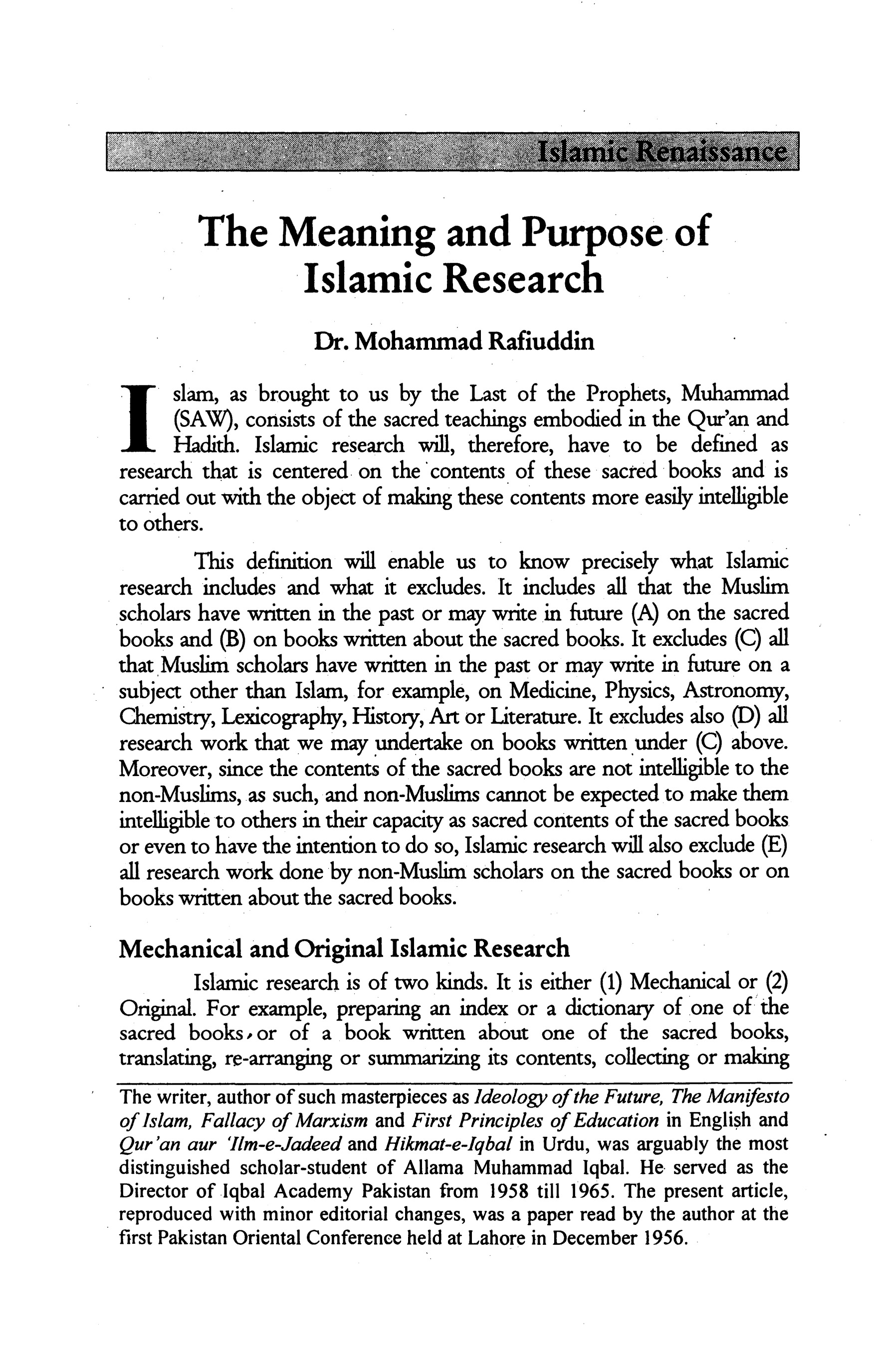 Muhammad Rafiuddin The Meaning and Purpose of Islamic Research by Muhammad Rafi-Ud-Din ...