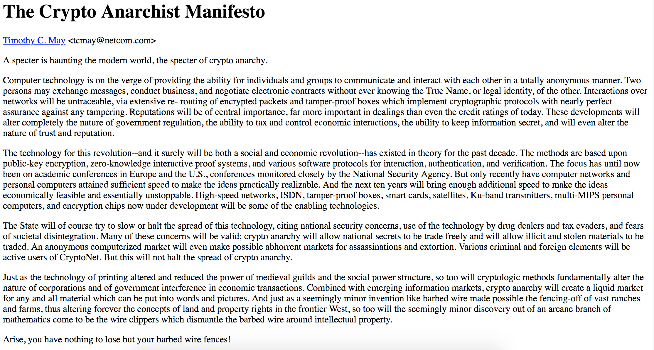The Crypto Anarchist Manifesto