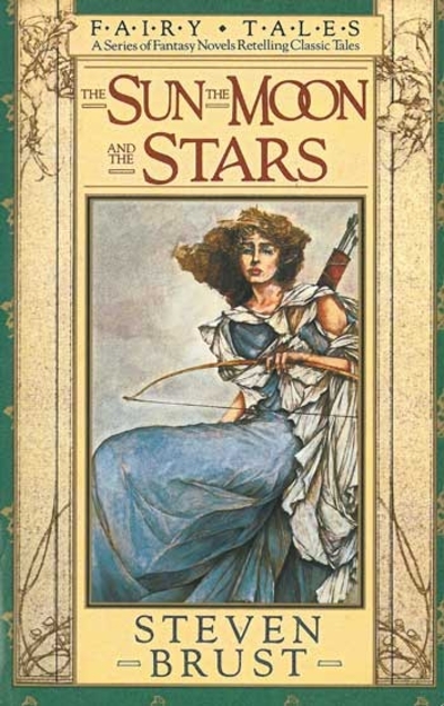 Tom Canty, cubierta de The Sun, the Moon and the Stars de Steven Brust, arquera con vestimenta clara y arco enmarcada por motivos vegetales