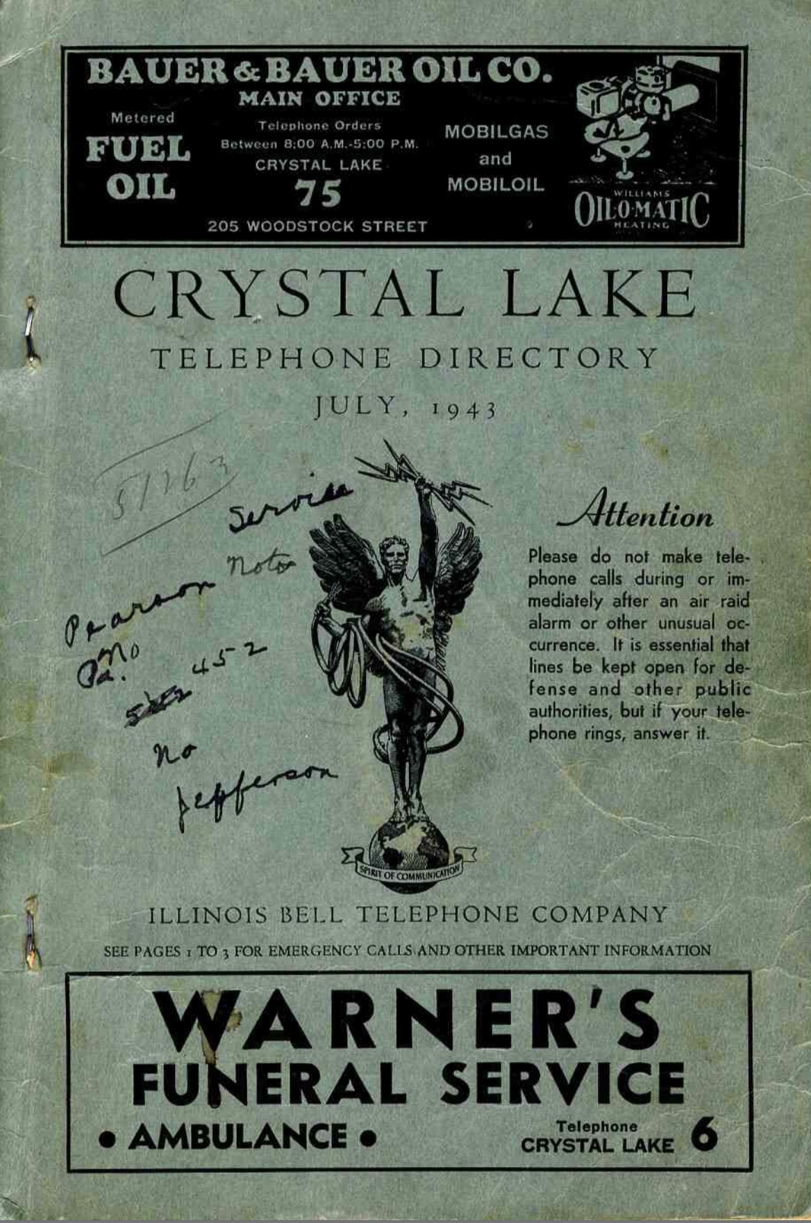 Crystal Lake Telephone Directory July 1943 by Illinois Bell Telephone