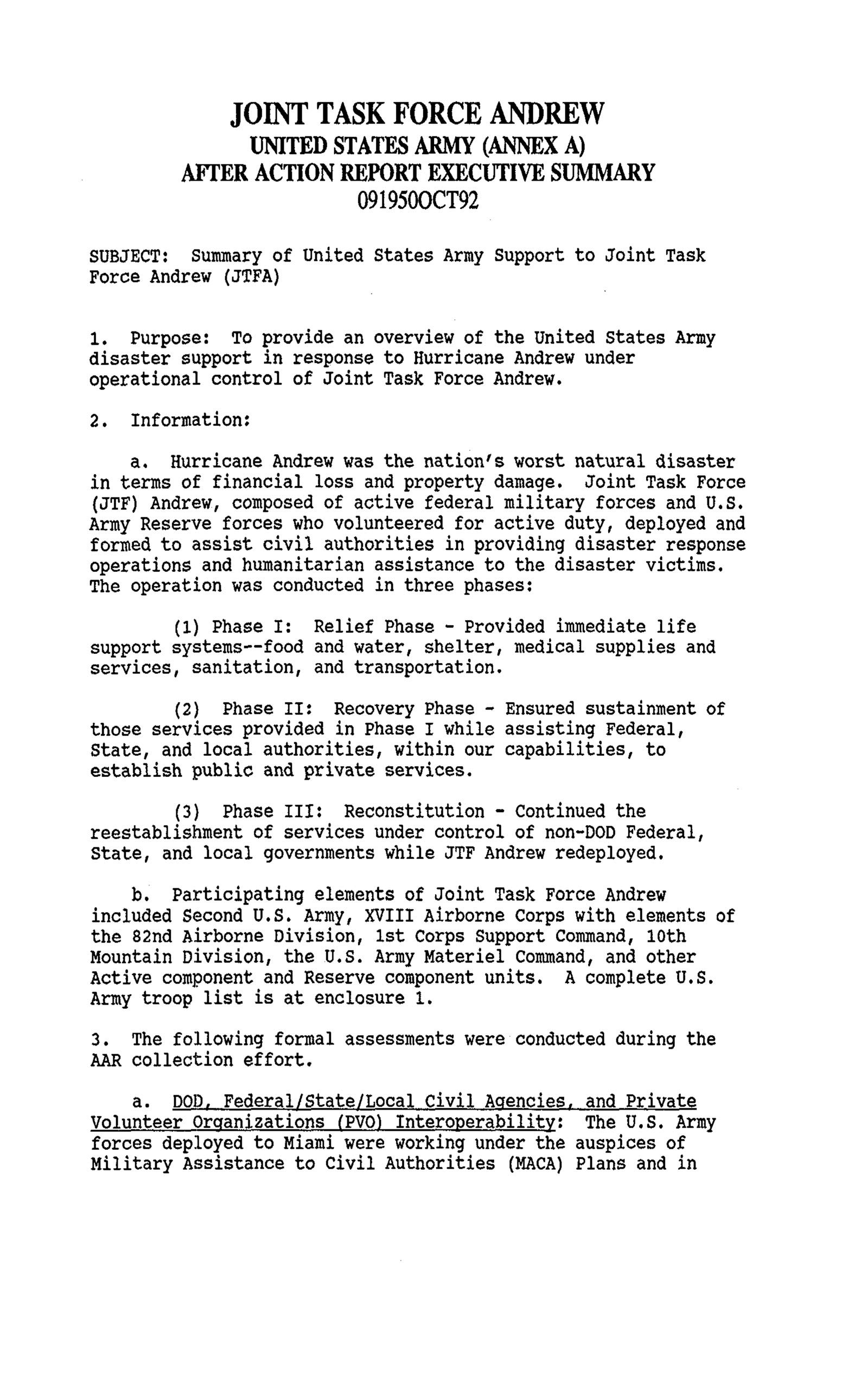 Joint Task Force Andrew United States Army (Annex A) After Action