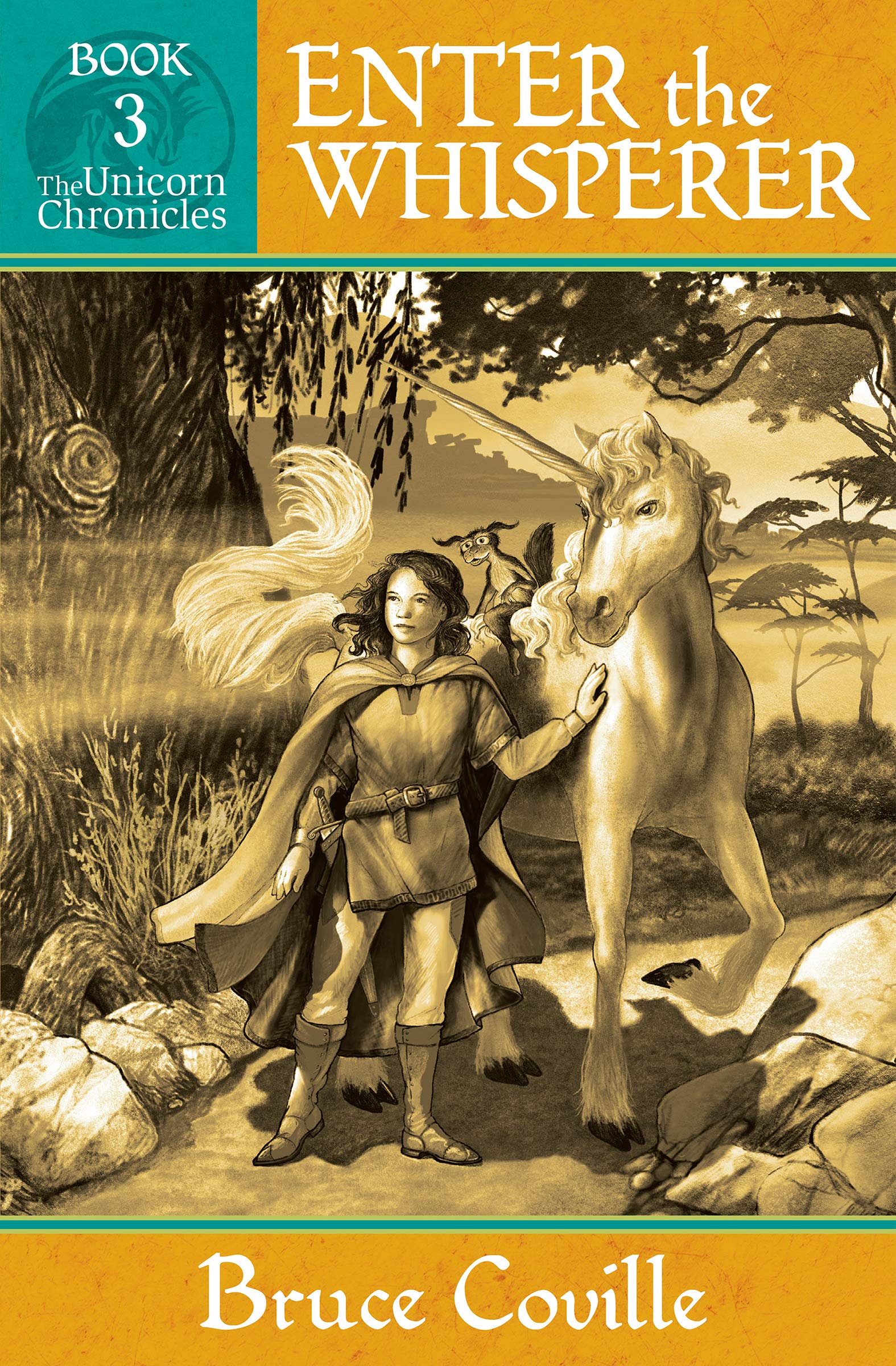 Enter the Whisper by Bruce Coville, originally part one of Dark Whispers; an MG portal fantasy with unicorns! And many other fantastic creatures.