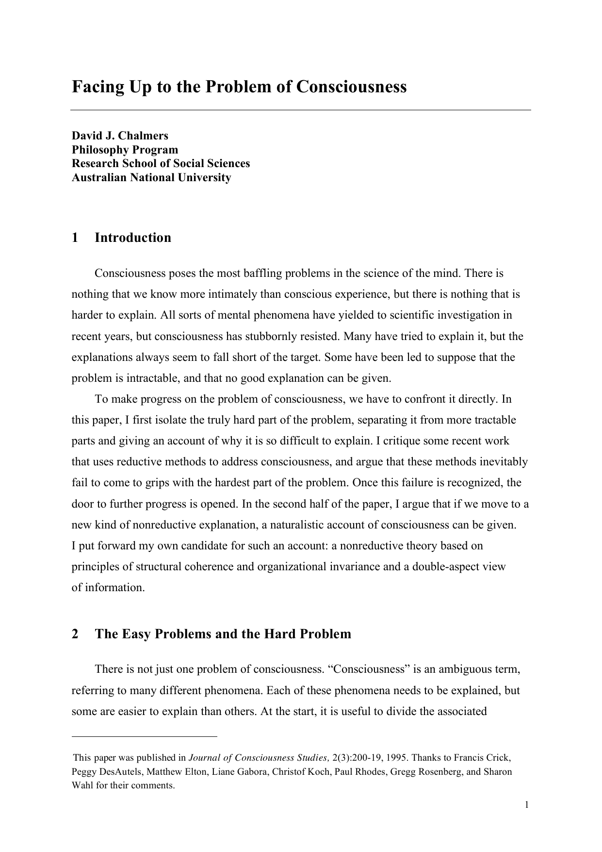 Facing up to the Problem of Consciousness book cover