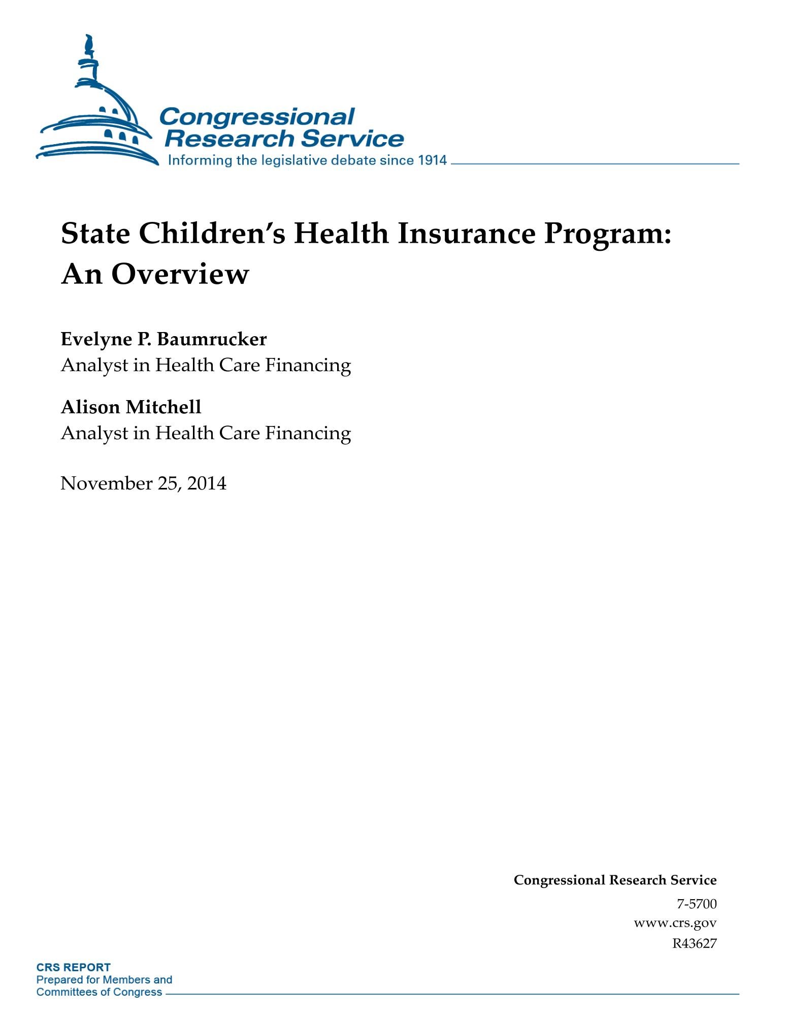 State Children’s Health Insurance Program An Overview by Congressional