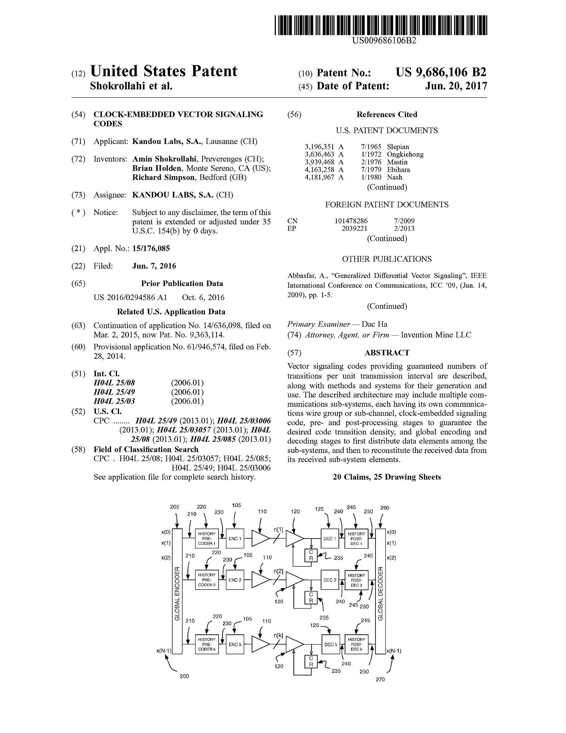 Clockembedded vector signaling codes United States Patent 9686106 by