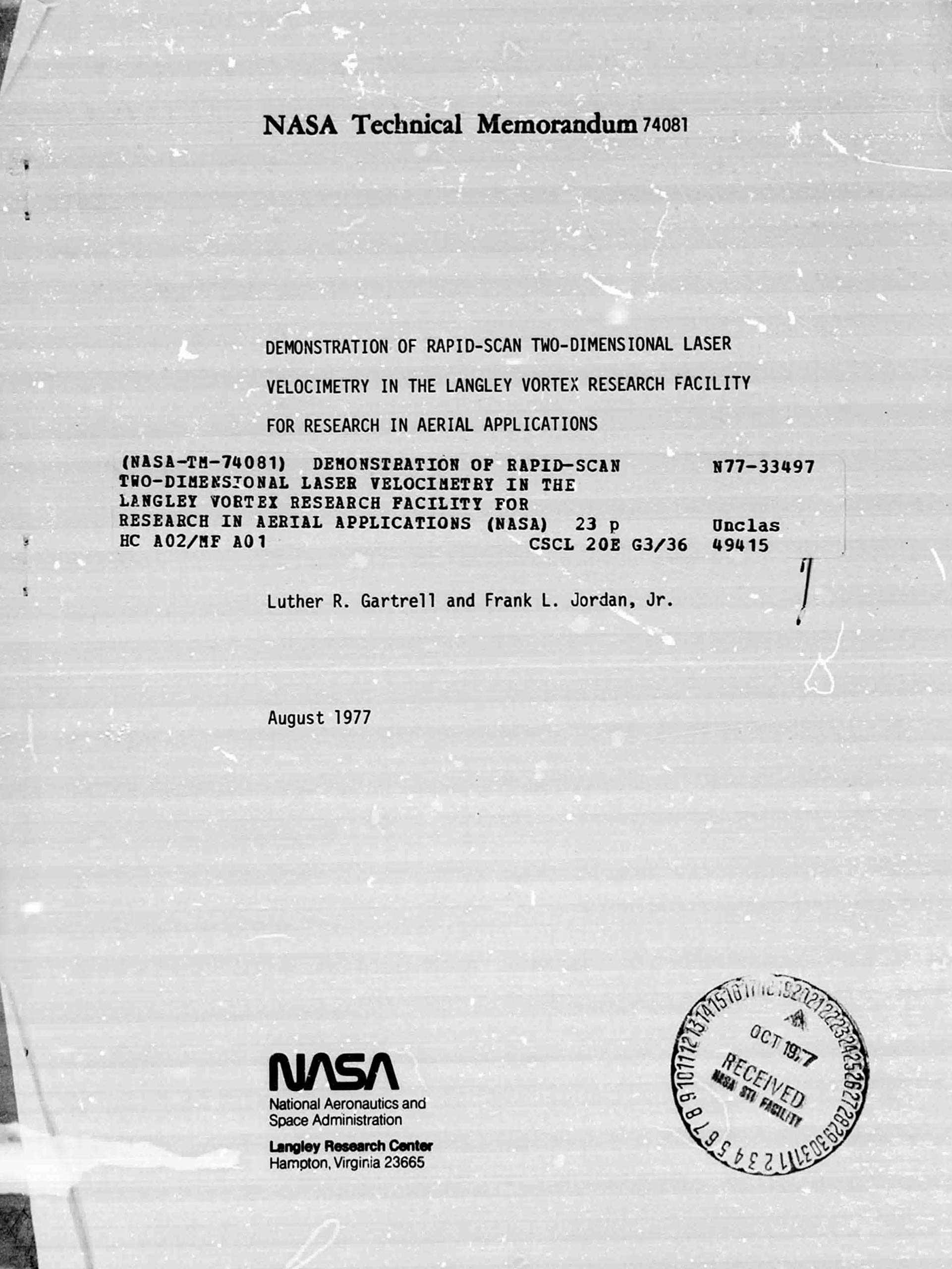 Demonstration of rapidscan twodimensional laser velocimetry in the Langley Vortex Research