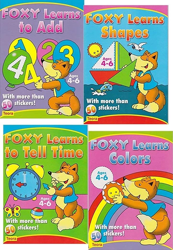 4 PACK Preschool Sticker Activity books Foxy Learns Shapes, Colors, to