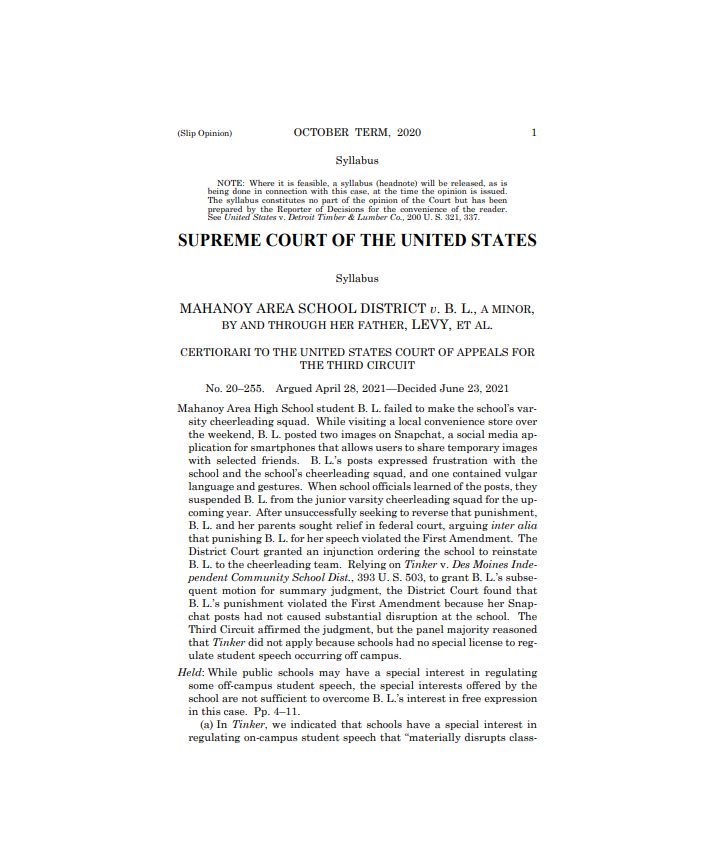 Mahanoy Area School District v. B.L., 594 U. S. ____ by Stephen G