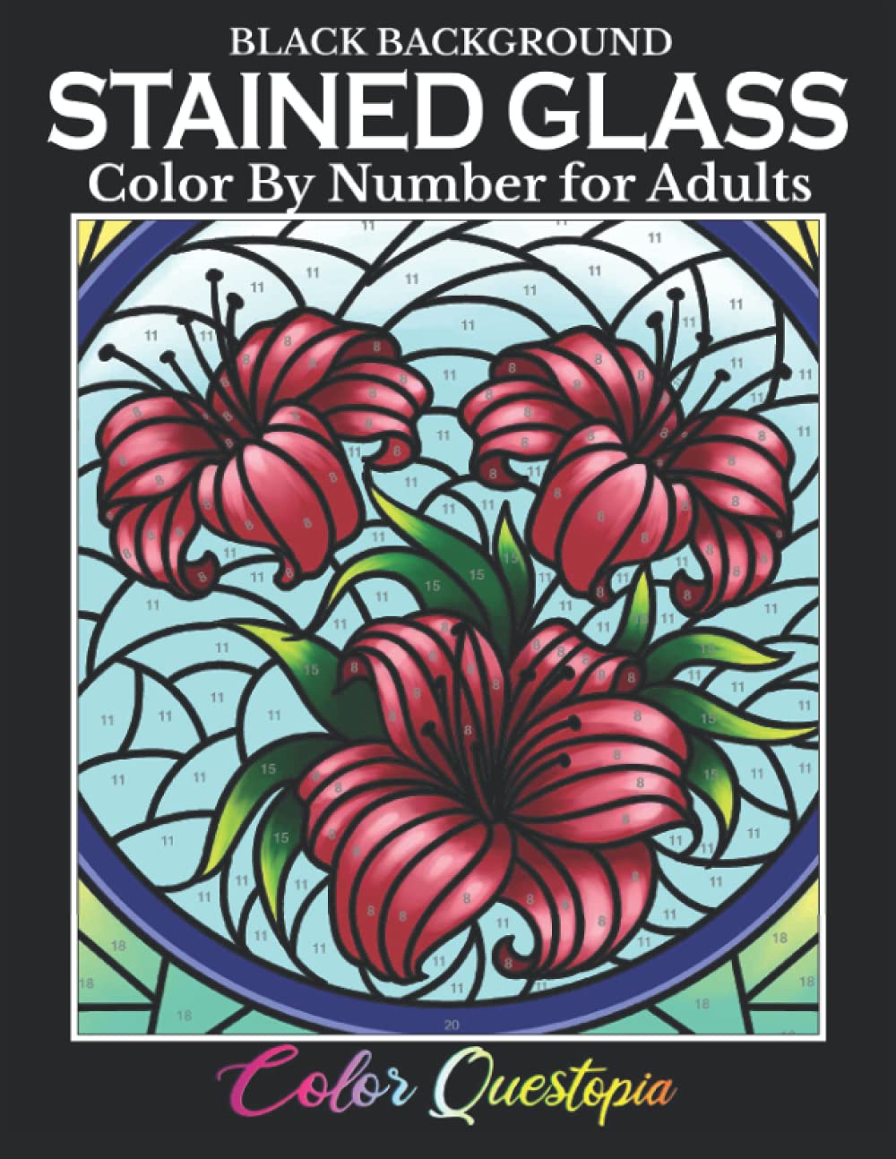 Stained Glass Color by Number For Adults BLACK BACKGROUND Coloring