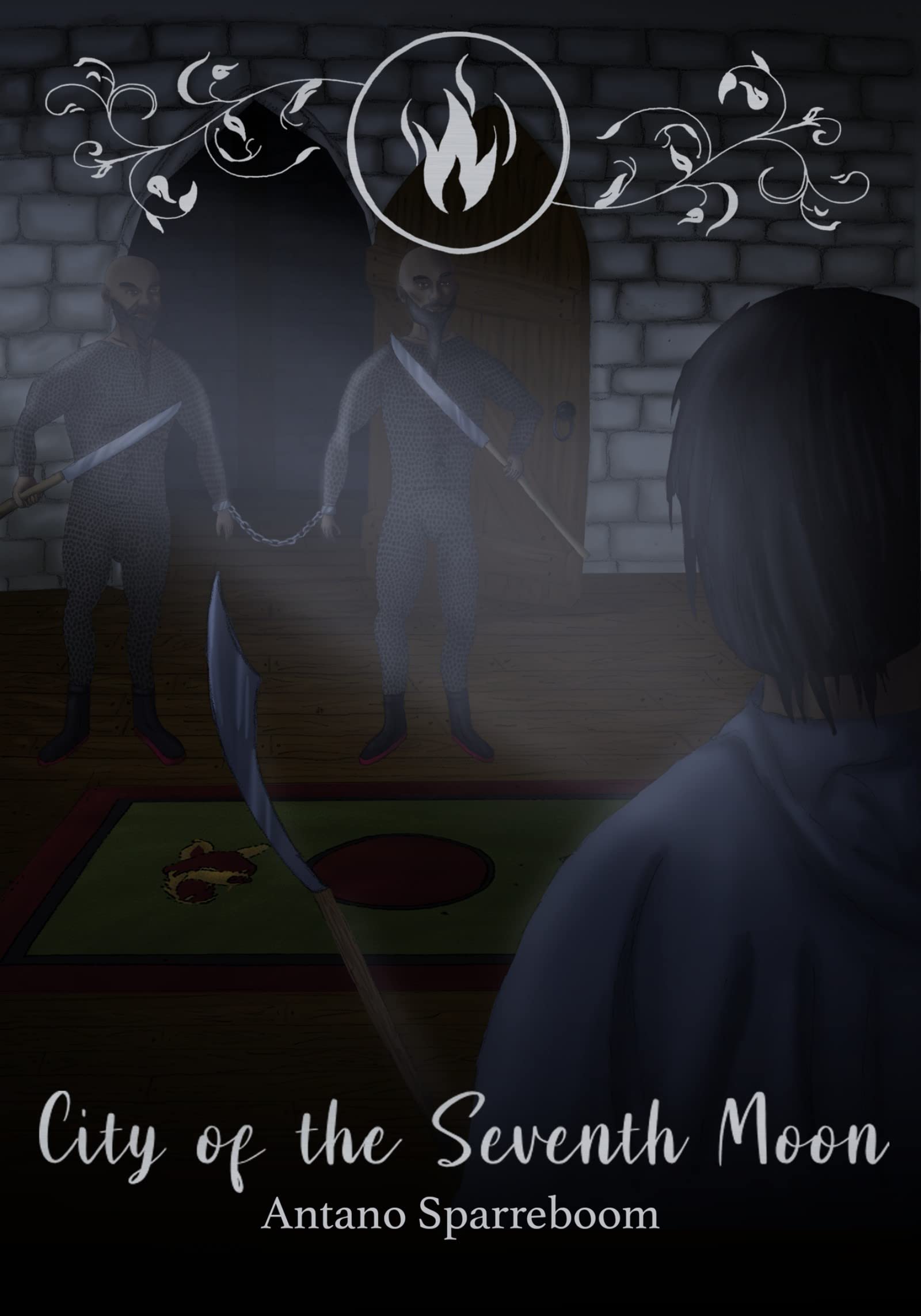 City of the Seventh Moon by Antano Sparebloom, The Ankuan Trilogy #1. A dark, nighttime scene. Assassins barge into a room. A man meets them with weapon raised.