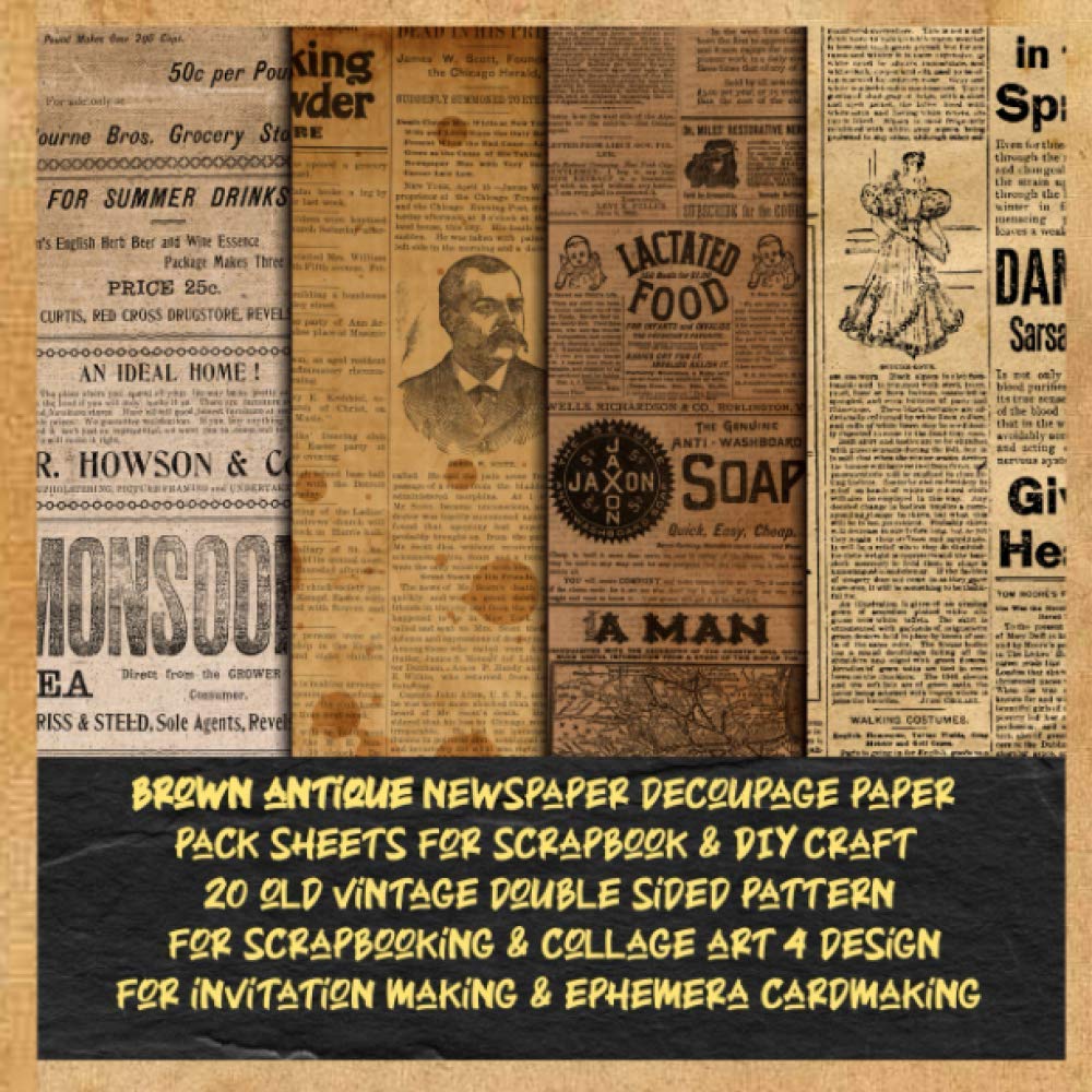 brown antique newspaper decoupage paper pack sheets for scrapbook & DIY