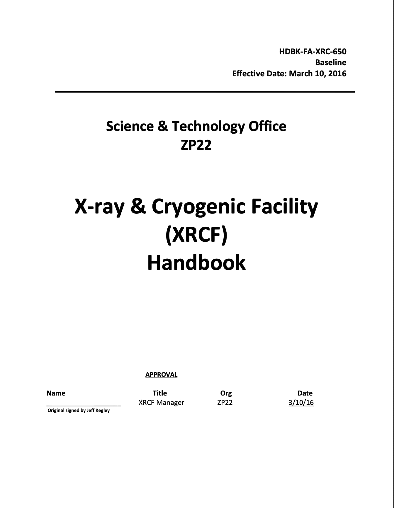 Xray Cryogenic Facility (XRCF) Handbook by National Aeronautics and