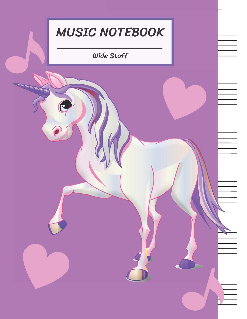 Music Notebook Wide Staff Purple Violet Unicorn Theme Heart and Note