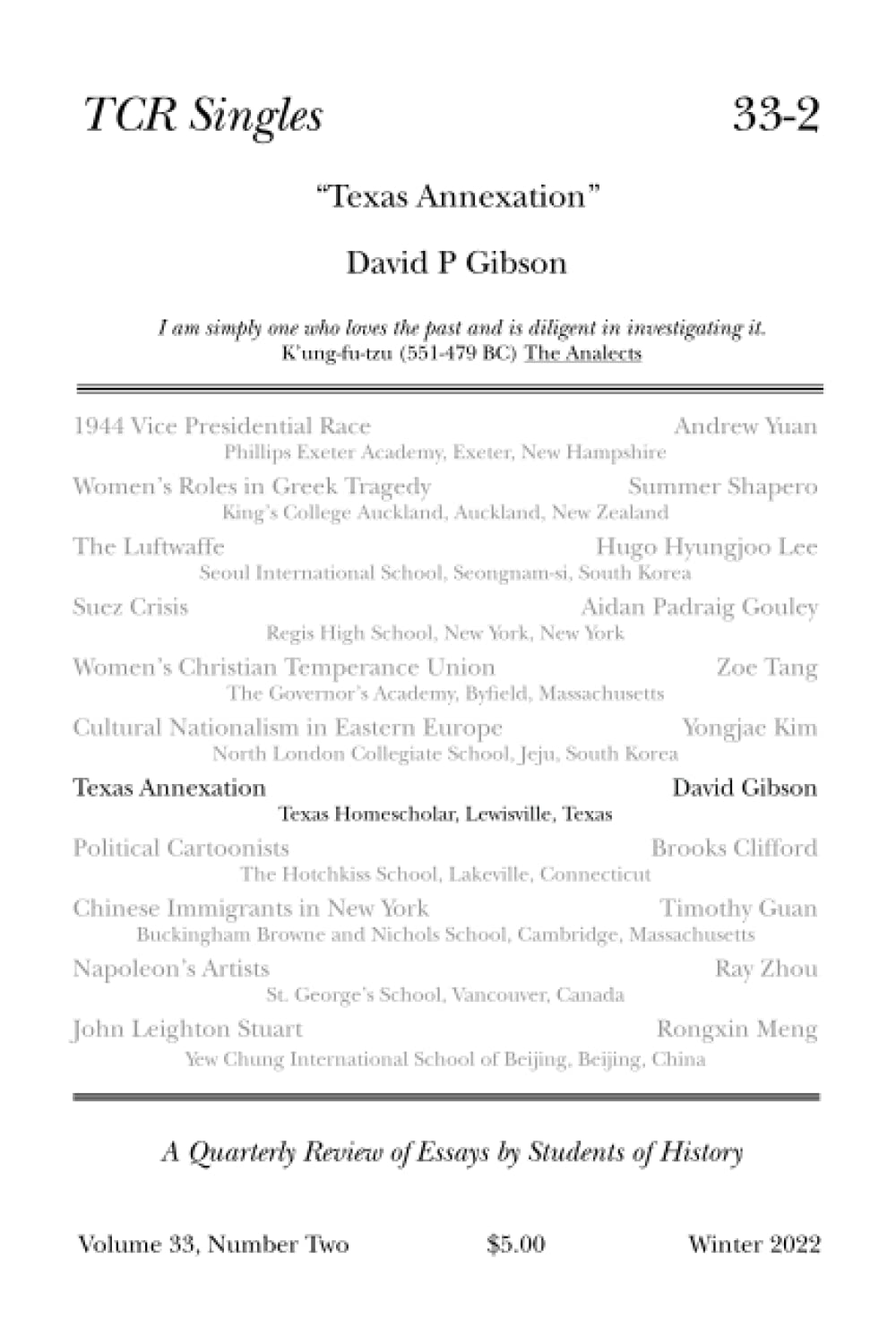 TCR Singles 332 Texas Annexation by The Concord Review Goodreads