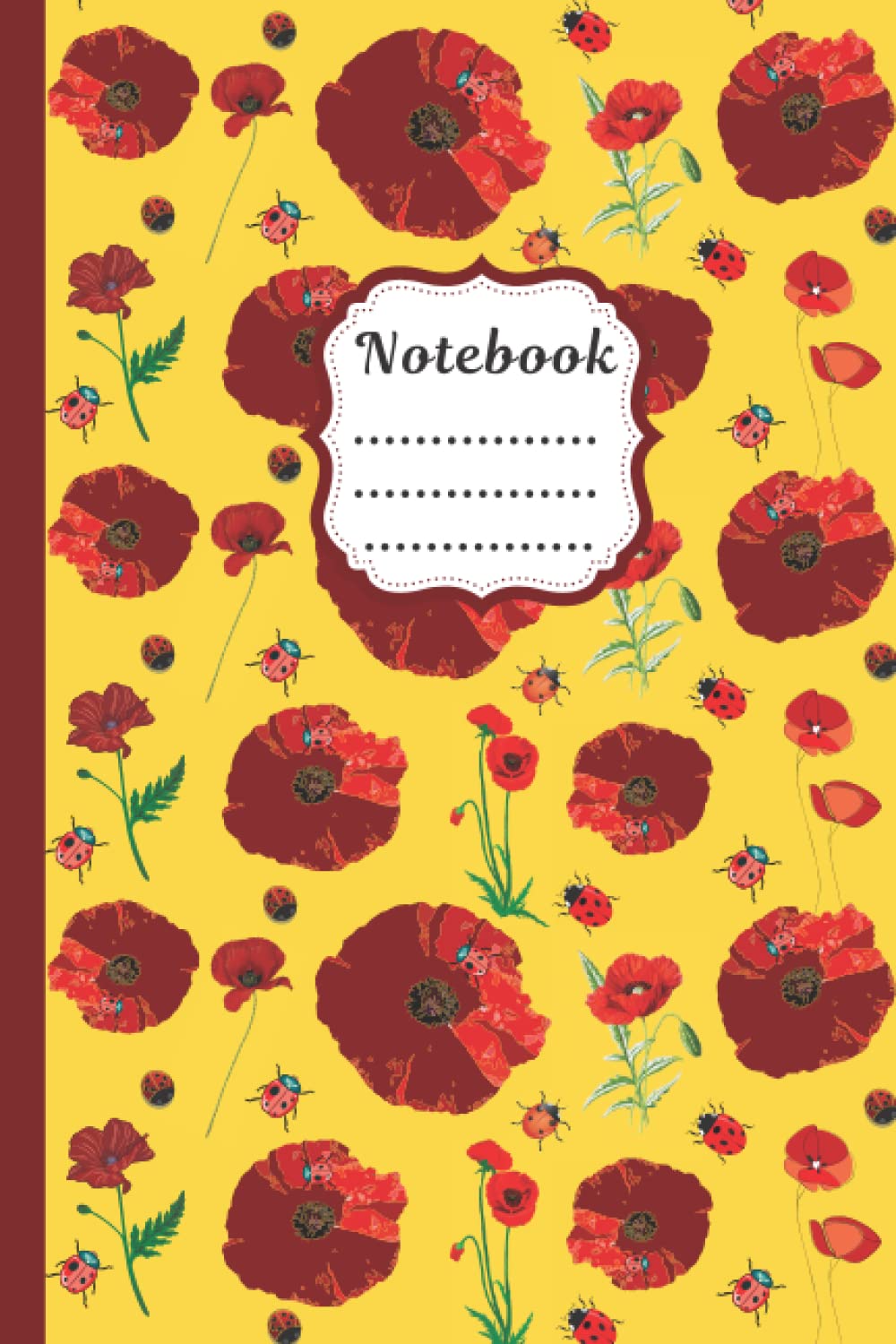 Cute notebook, Poppies and ladybird pattern, with blank white papers