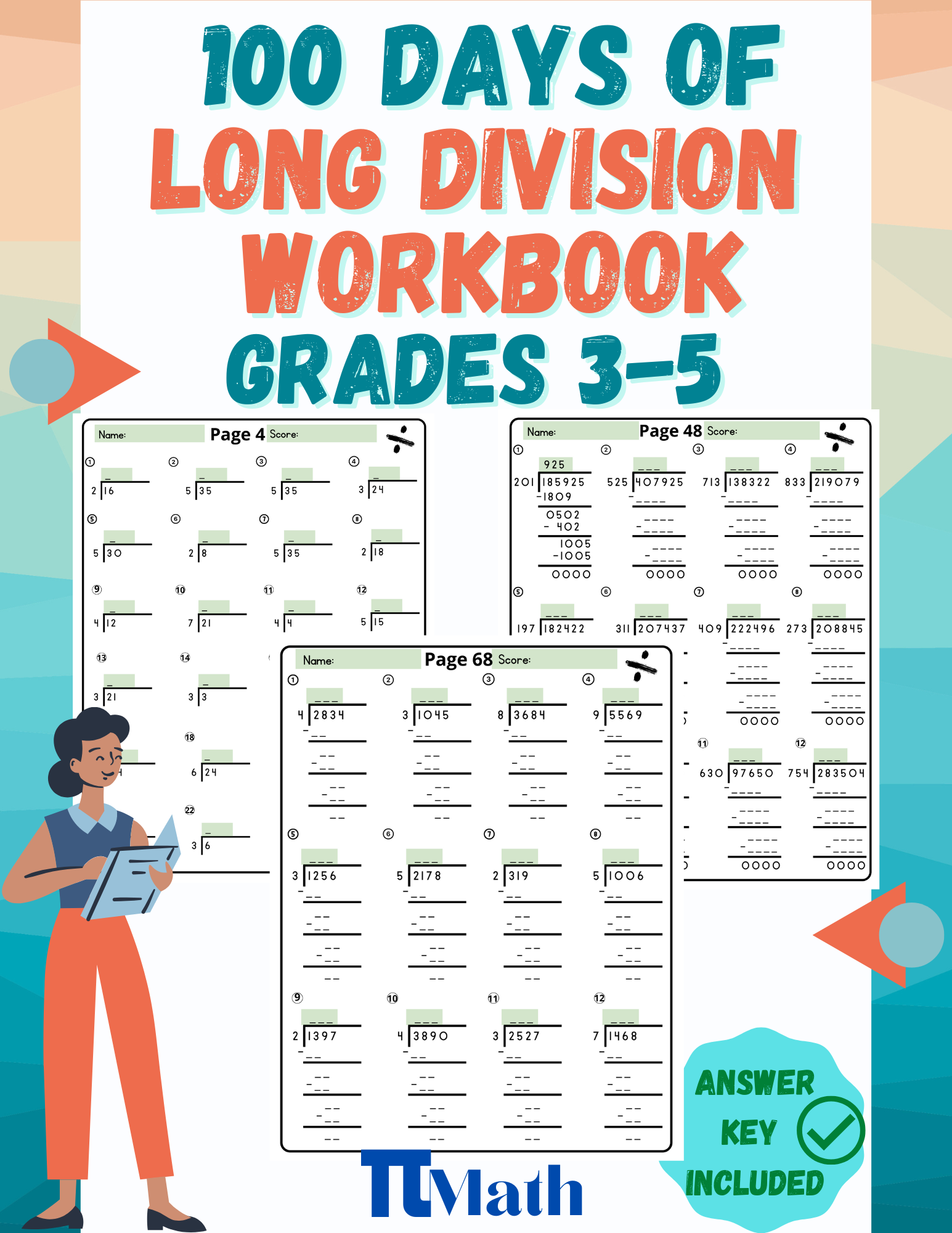 PI MATH 100 practice pages of Long Division Workbook, Advanced Drill