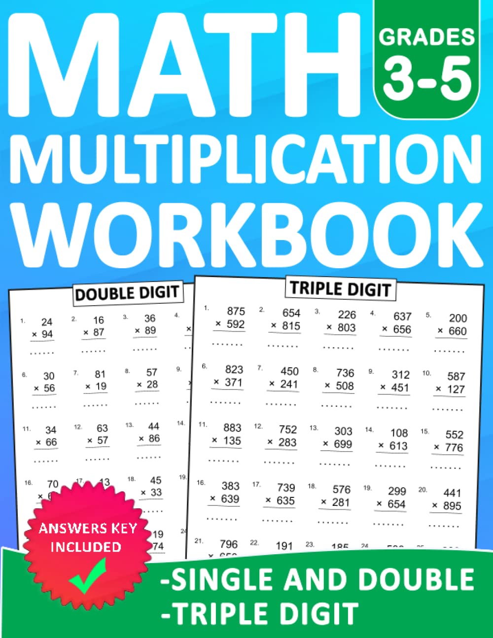 Multiplication Math Workbook For Grades 35 With Answers Single Digit