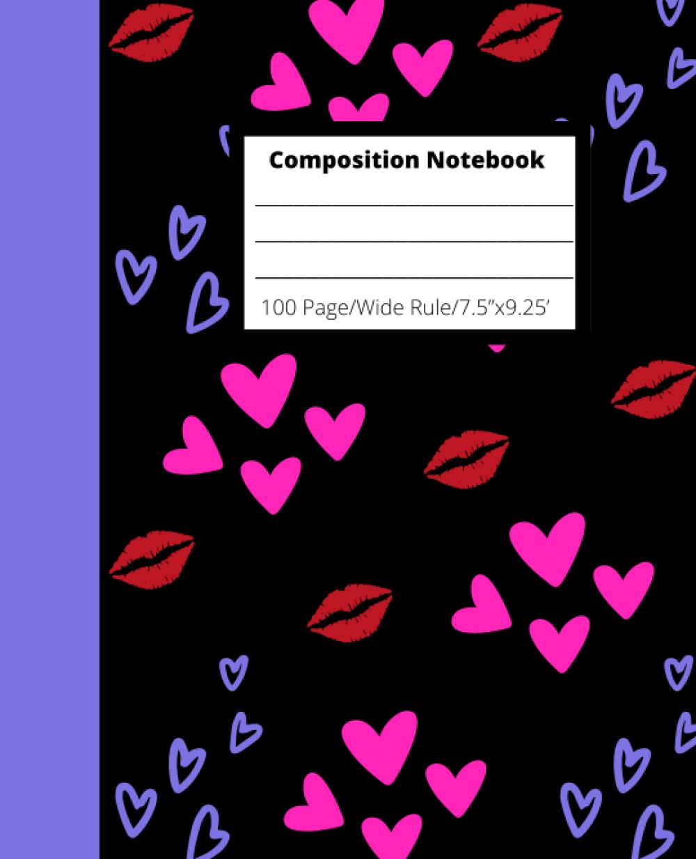 Cute Heart and Kisses Composition Notebook Cute Pink Purple Red Black Hearts and Kisses Wide
