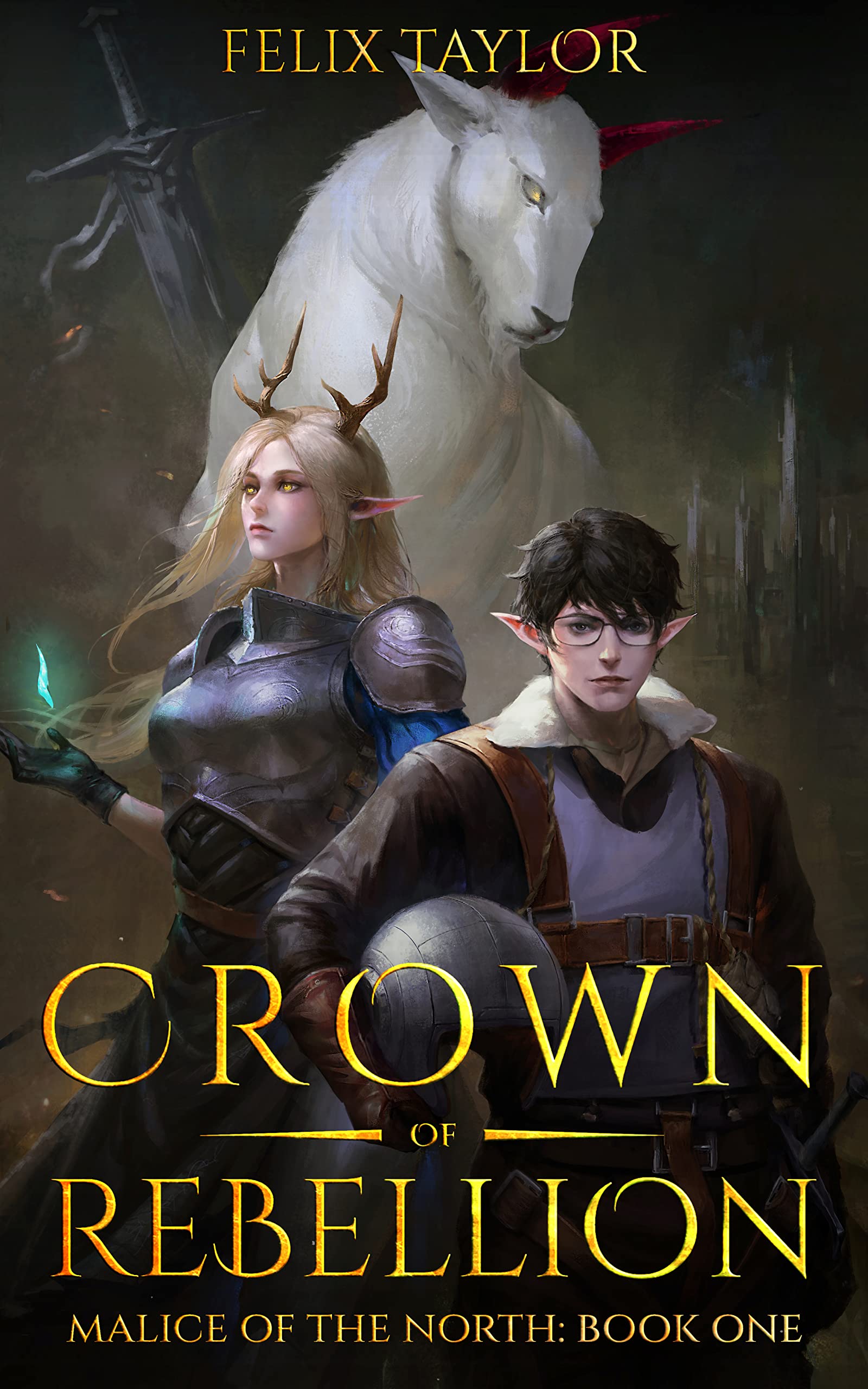 Crown of Rebellion by Felix Taylor, an epic fantasy in the 9nth annual Self-Published Blog Off organized by Mark Lawrence. A fantasy cover showing a magical white beast, and two elf-eared people, one with stag horns.