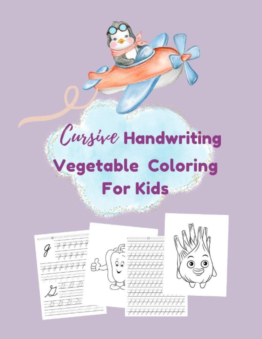 Cursive Handwriting Vegetable Coloring for Kids Cute Penguin Workbook