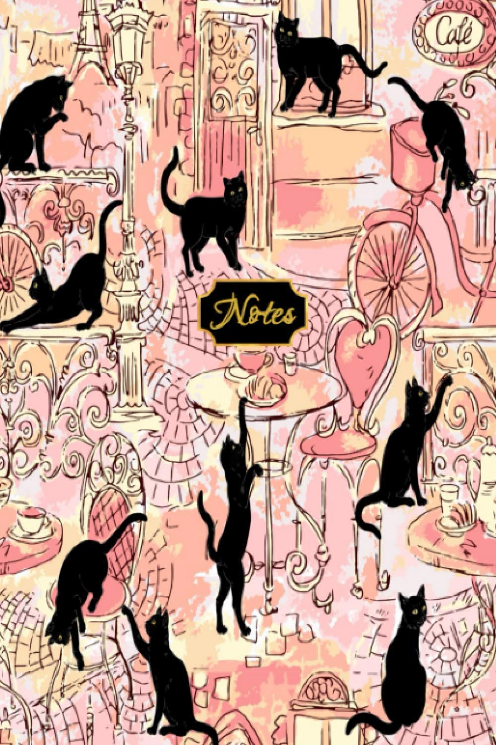 Cats Lined Notebook Journal Black Cats In Paris Cafe Theme Rose