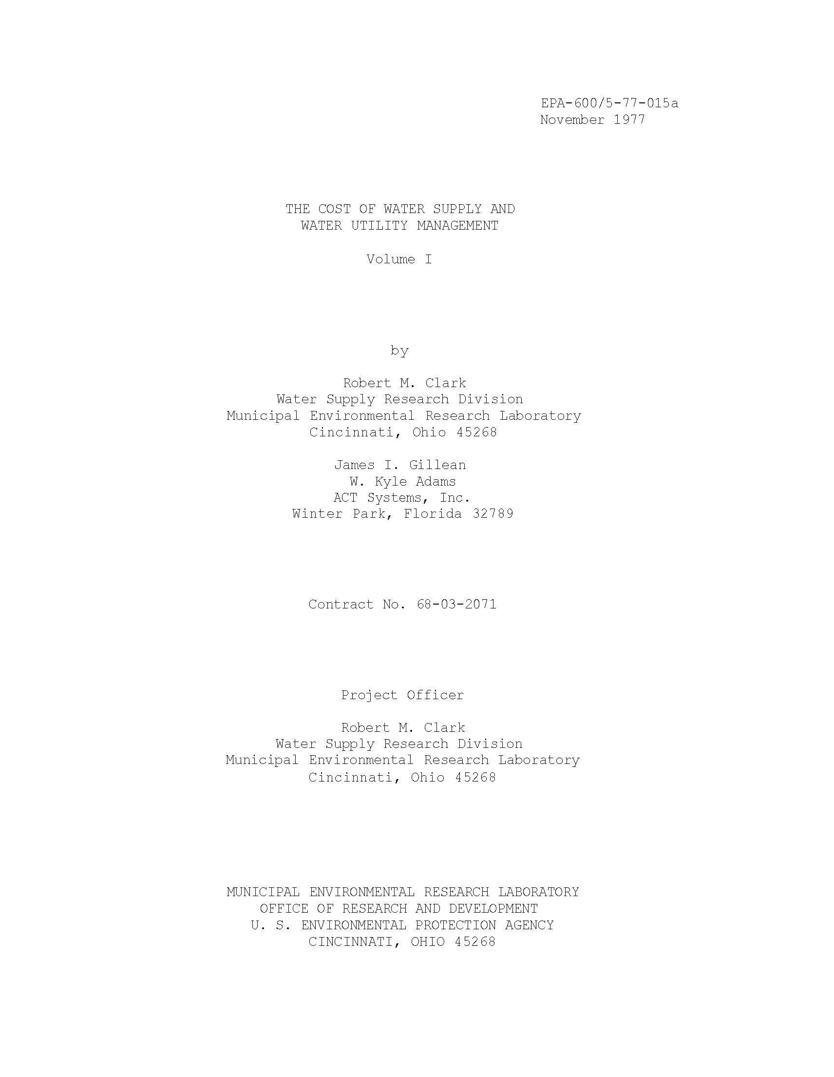 Cost of Water Supply and Water Utility Management Volume I by United