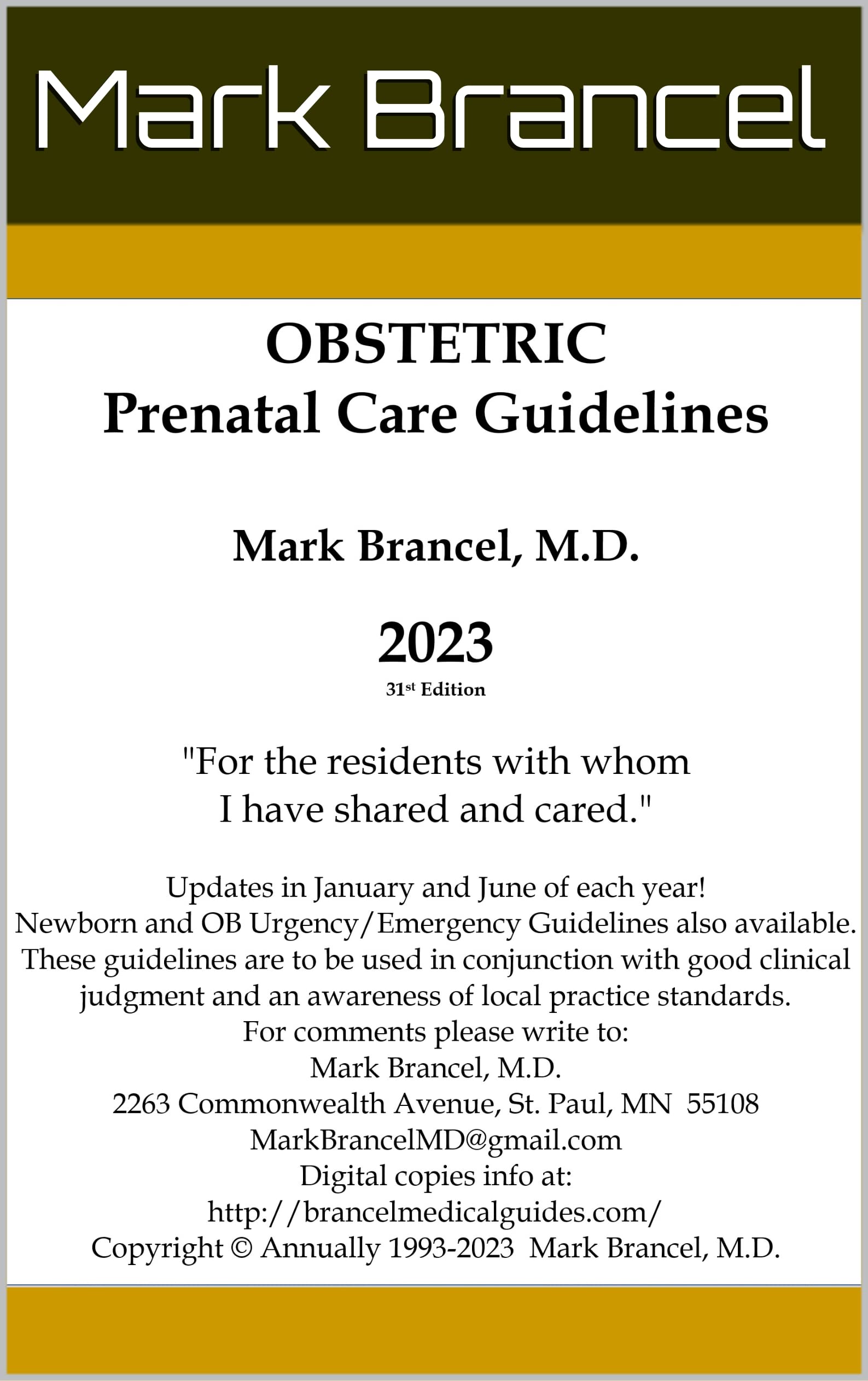 Obstetric Prenatal Care Guidelines 2023, 31st Annual Edition, Version