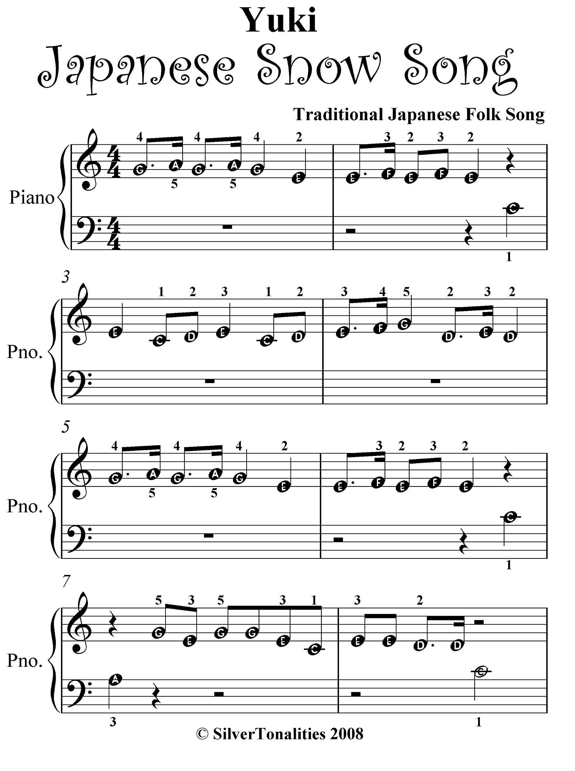 Yuki Japanese Snow Song Beginner Piano Sheet Music by Traditional