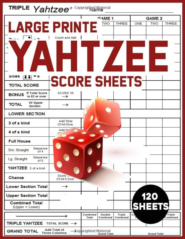 Large Printe Yahtzee Score Sheets: 120 Large Print Score Sheets for ...