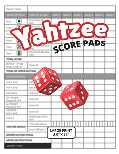Yahtzee Score Pads: Large Print Size 8.5" x 11" by Large Score Sheet ...