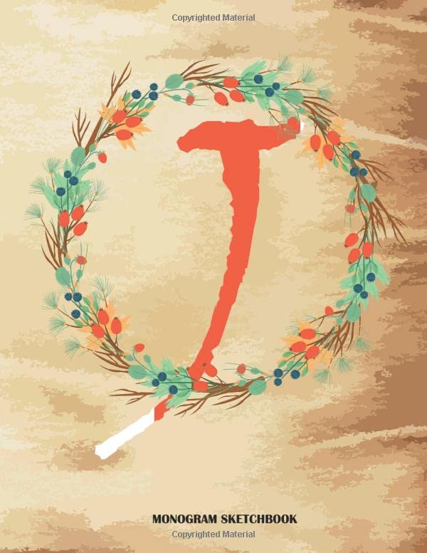 J Monogram Sketchbook Floral Wreath and papyrus Initial Cover for