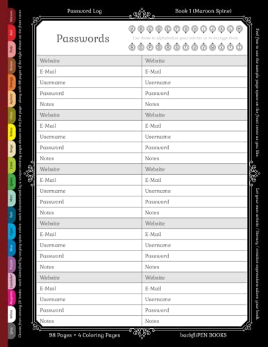 Password Log - Book 1 (Maroon Spine) - 98 Pages + 4 Coloring Pages by ...