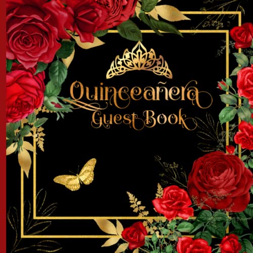 Quinceanera Guest Book Black and Gold with Red Roses and Butterfly