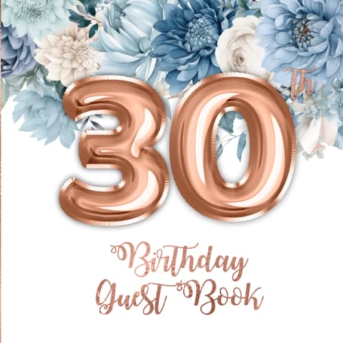 30th Birthday Guest Book Dusty Blue, Navy Blue, and Beige Flowers and