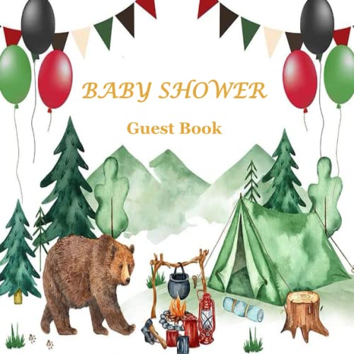 BABY SHOWER GUEST BOOK Camping Forest Adventure Boy Campfire Tent balloons bear wioodland