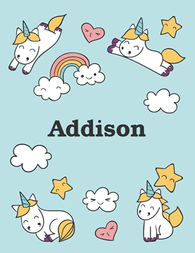 Addison: Unicorn Notebook Personal Name Wide Lined Rule Paper ...