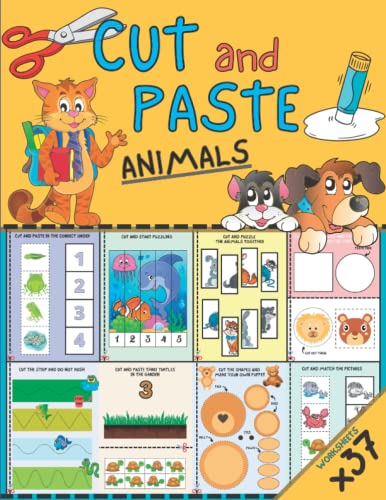 Cut and Paste Animals: +37 Colorful Worksheets, 75 Pages, Scissor