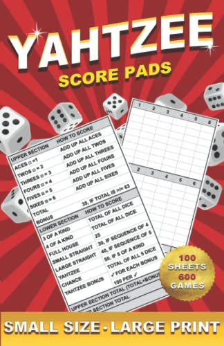 Yahtzee Score Pads: Small Size &amp; Large Print Score Sheets for Yahtzee ...
