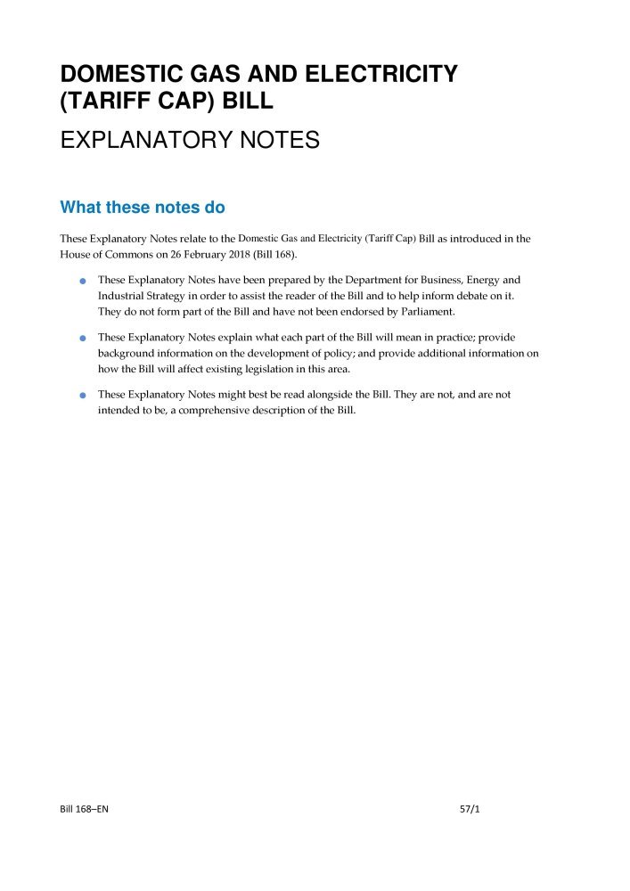 Domestic Gas and Electricity (Tariff Cap) Bill Explanatory Notes (House