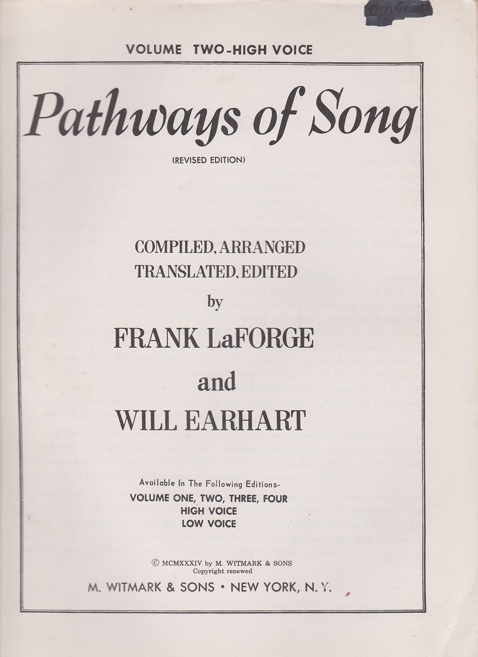 Pathways of Song, Volume Two High Voice by Will Earhart Frank