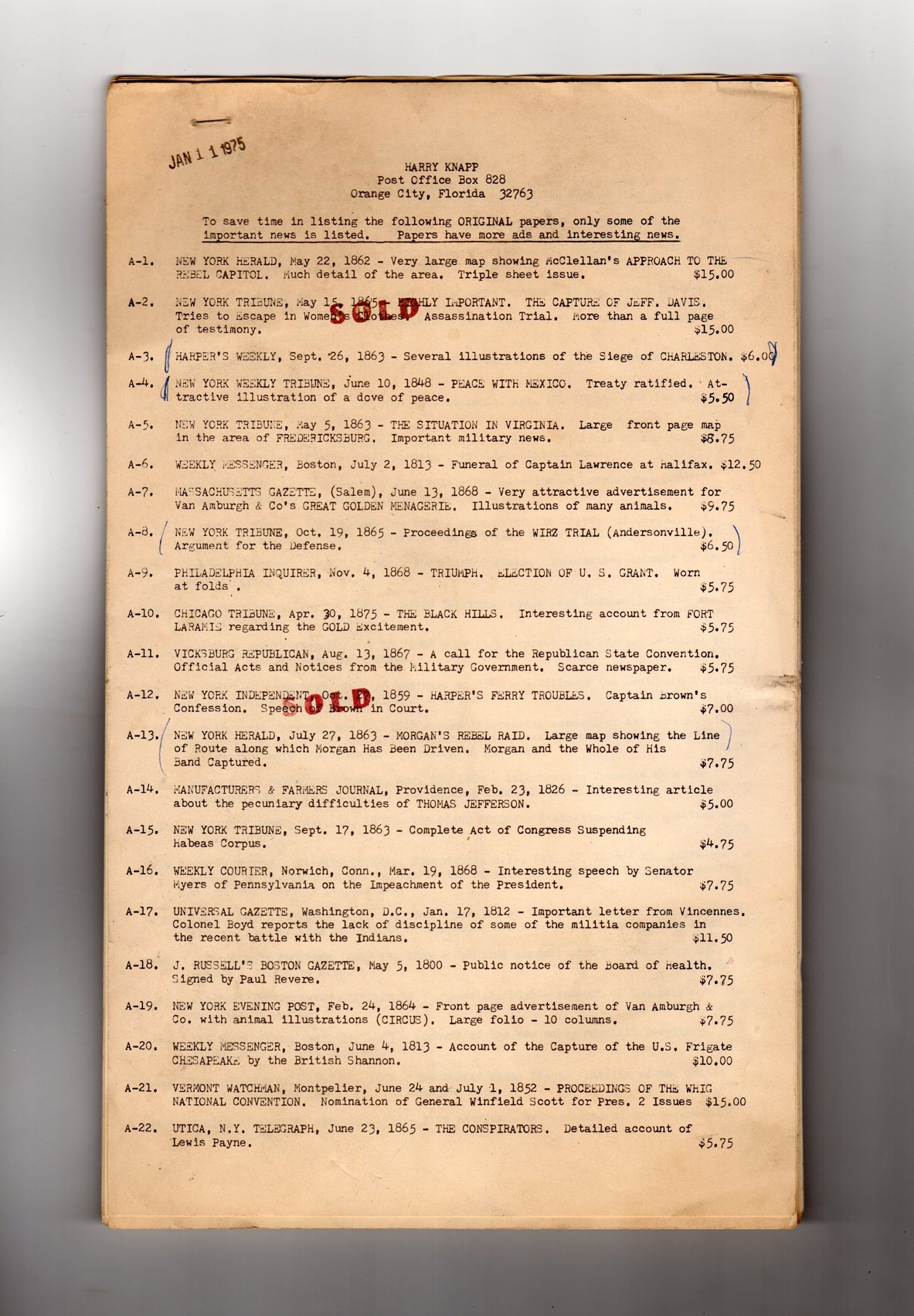 Harry Knapp Collectible Newspapers Price List, January, 1975. Vintage