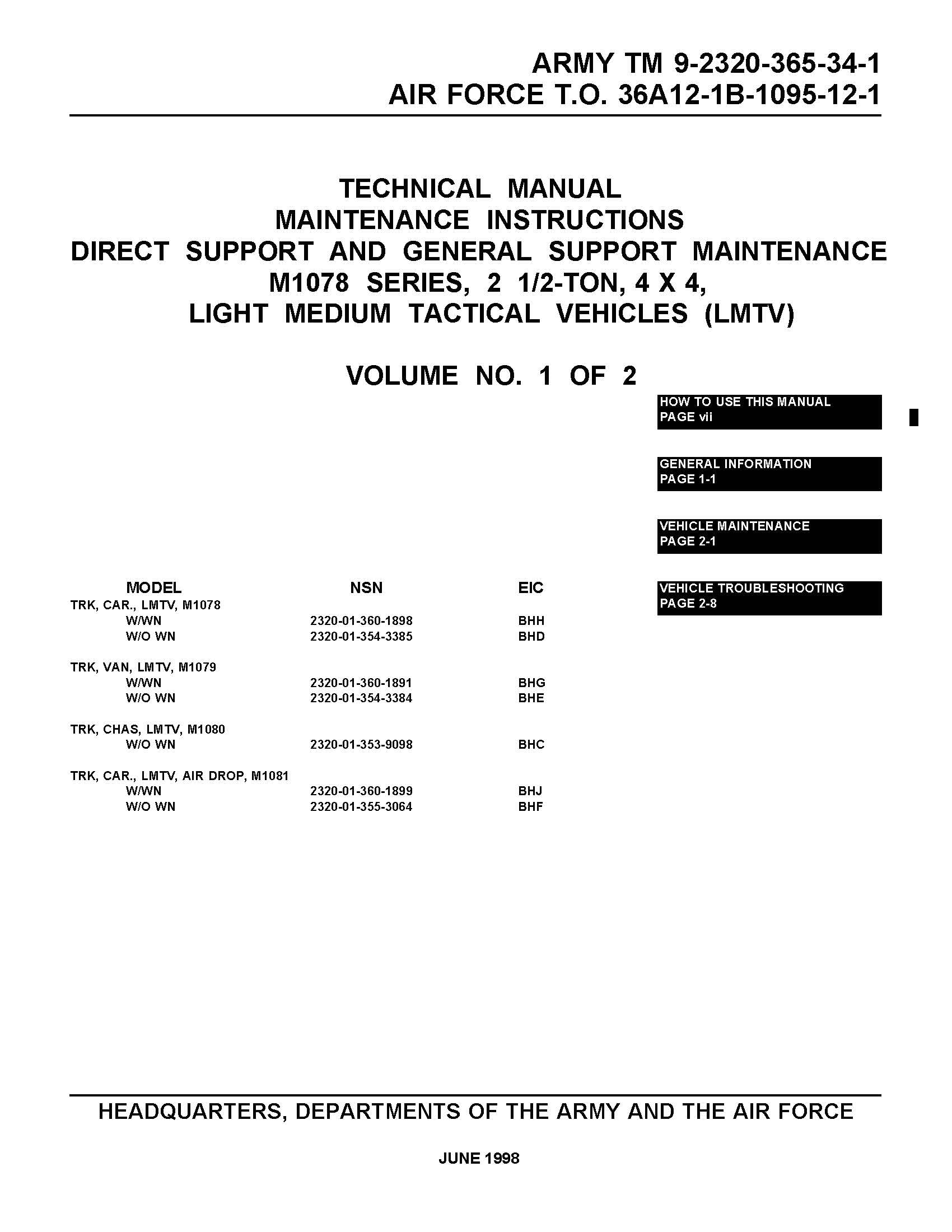 M1078 SERIES, 2 12TON, 4 X 4, LIGHT MEDIUM TACTICAL VEHICLES VOLUME NO