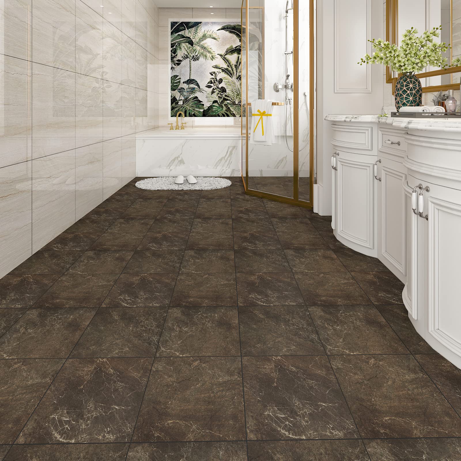 VaryStyle 12"x12" Brown Marble Bathroom Floor Tiles Peel and Stick ...