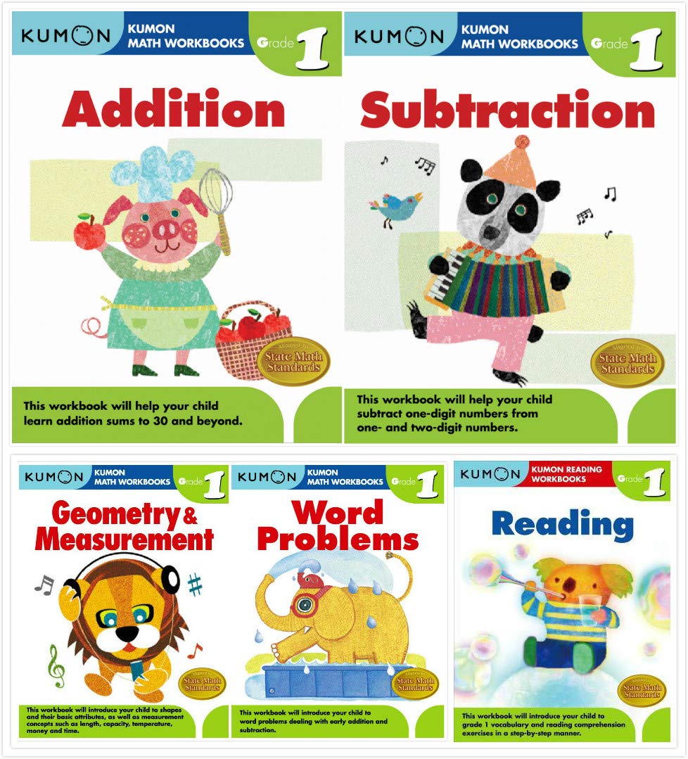 Kumon Grade 1 Math + Reading Set (5 Workbooks) Addition, Subtraction